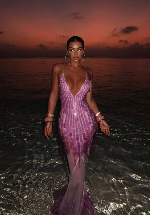 Tassel Sequin Fishtail Halter Dress V-