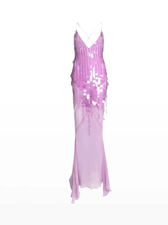 Tassel Sequin Fishtail Halter Dress V-